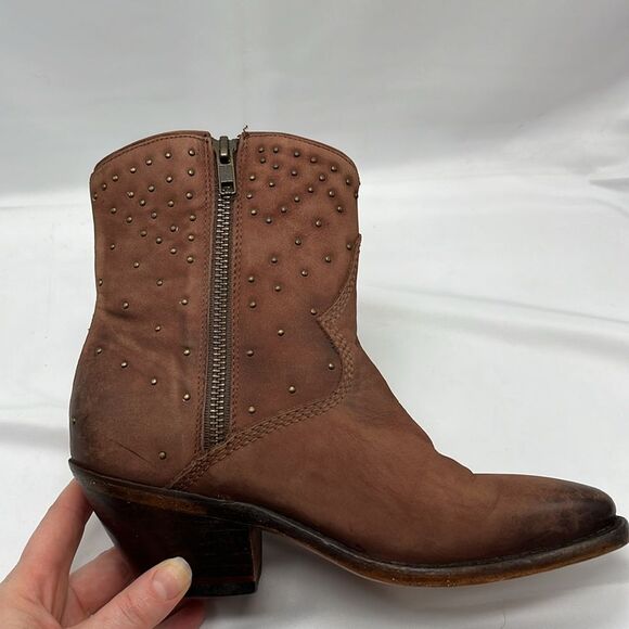 Discontinued Lucchese Brown Suede Ankle Zip Up Cowboy Boots with Studs - Picture 6 of 16